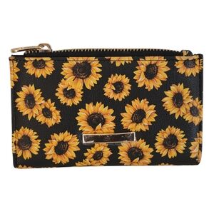 Fold Over Wallet Travel Organizer Black Faux Leather Classic Sunflower Design